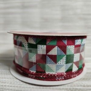 Wired Ribbon 1.5" x 30' Christmas Red Green White Triangles Geometric Pattern